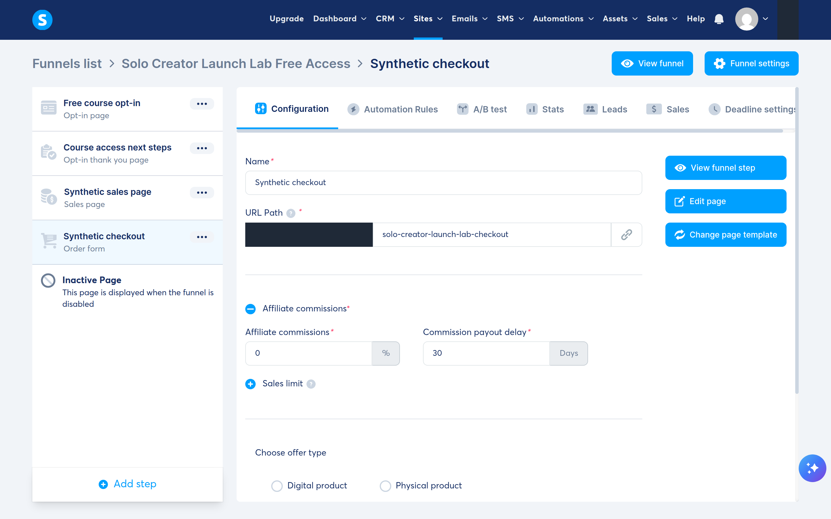systeme.io synthetic order-form configuration before selecting a payment-backed digital product