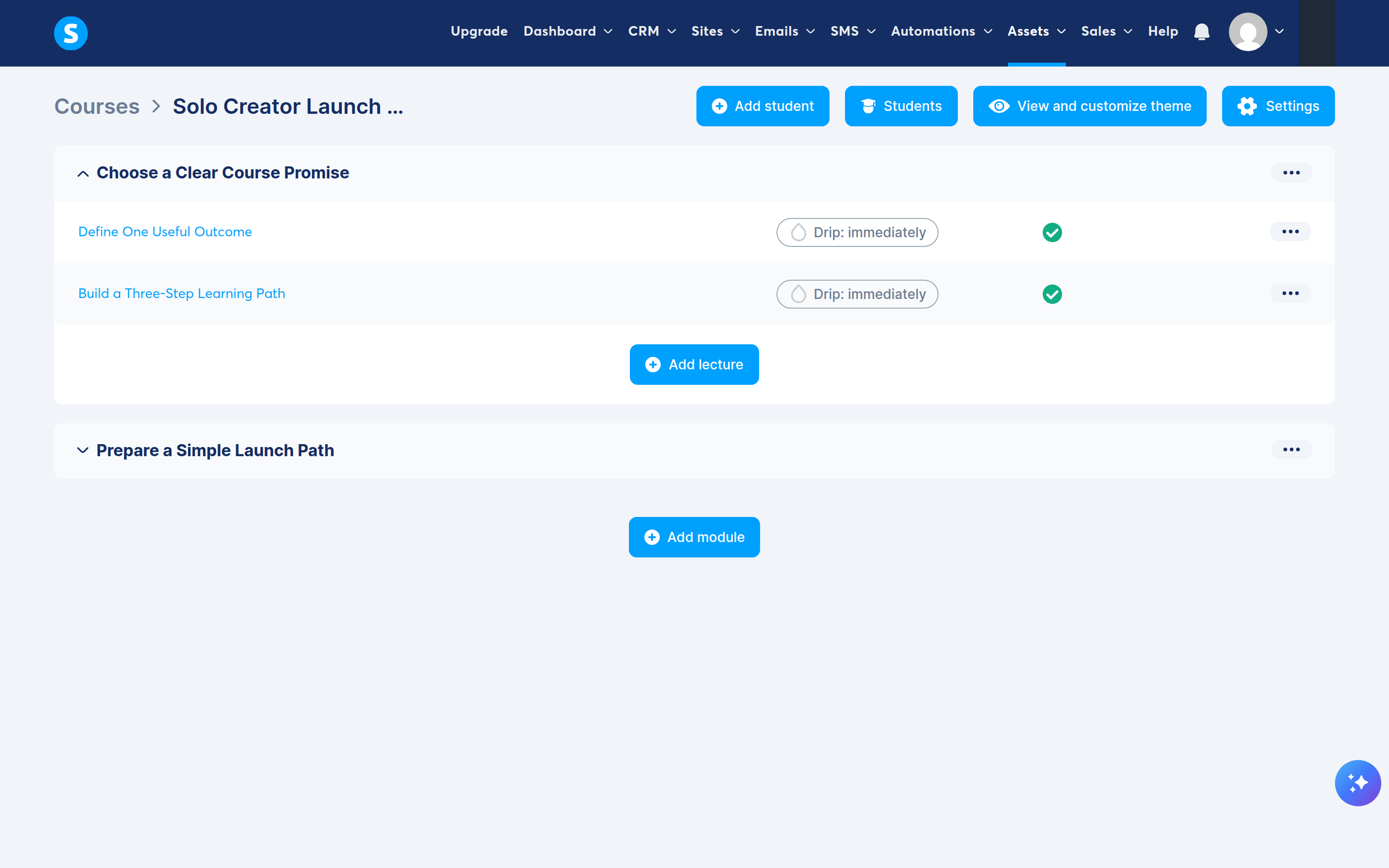 systeme.io course curriculum showing two modules and three active lectures