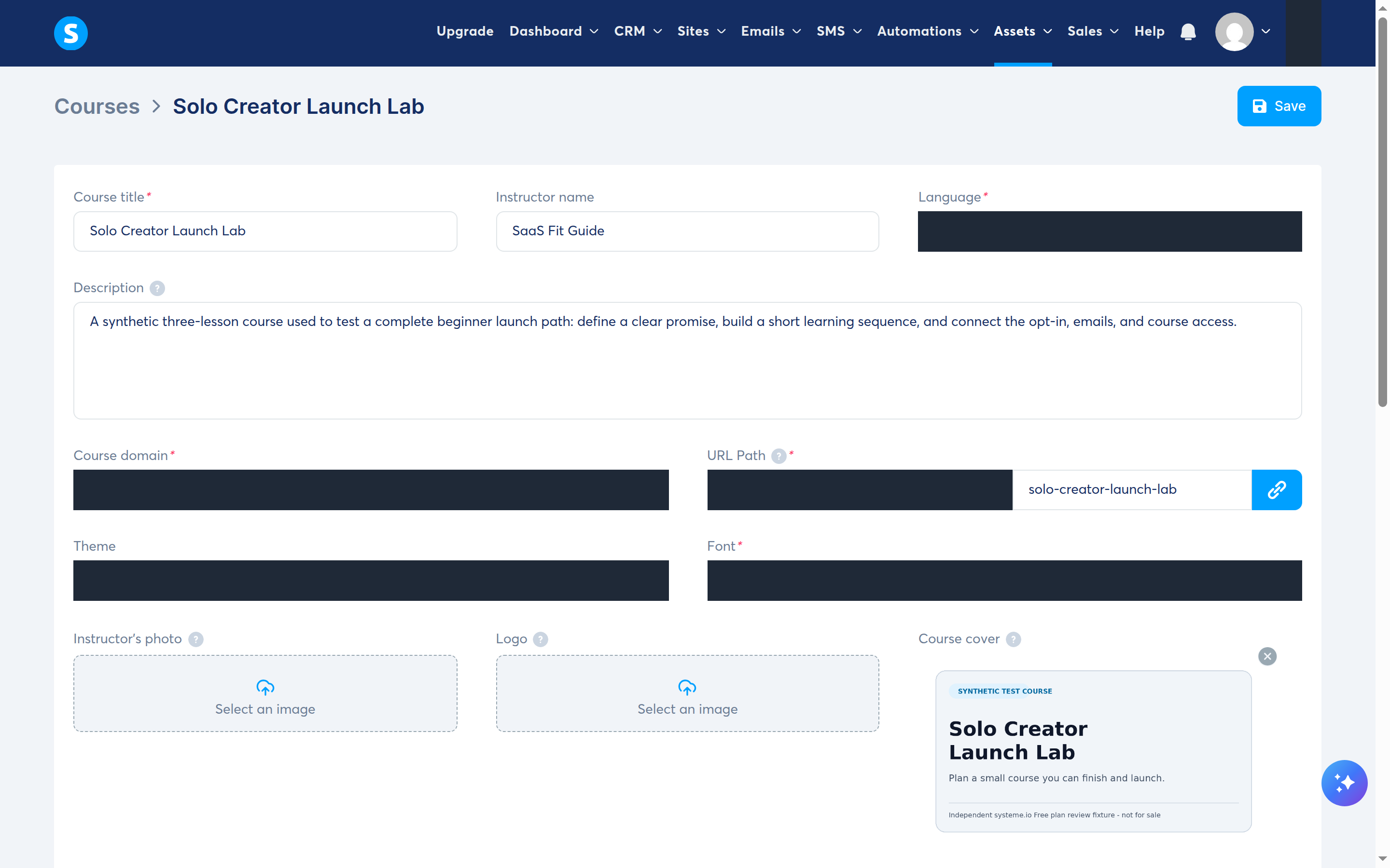 systeme.io course settings with the synthetic course title, instructor, description, URL path, and cover