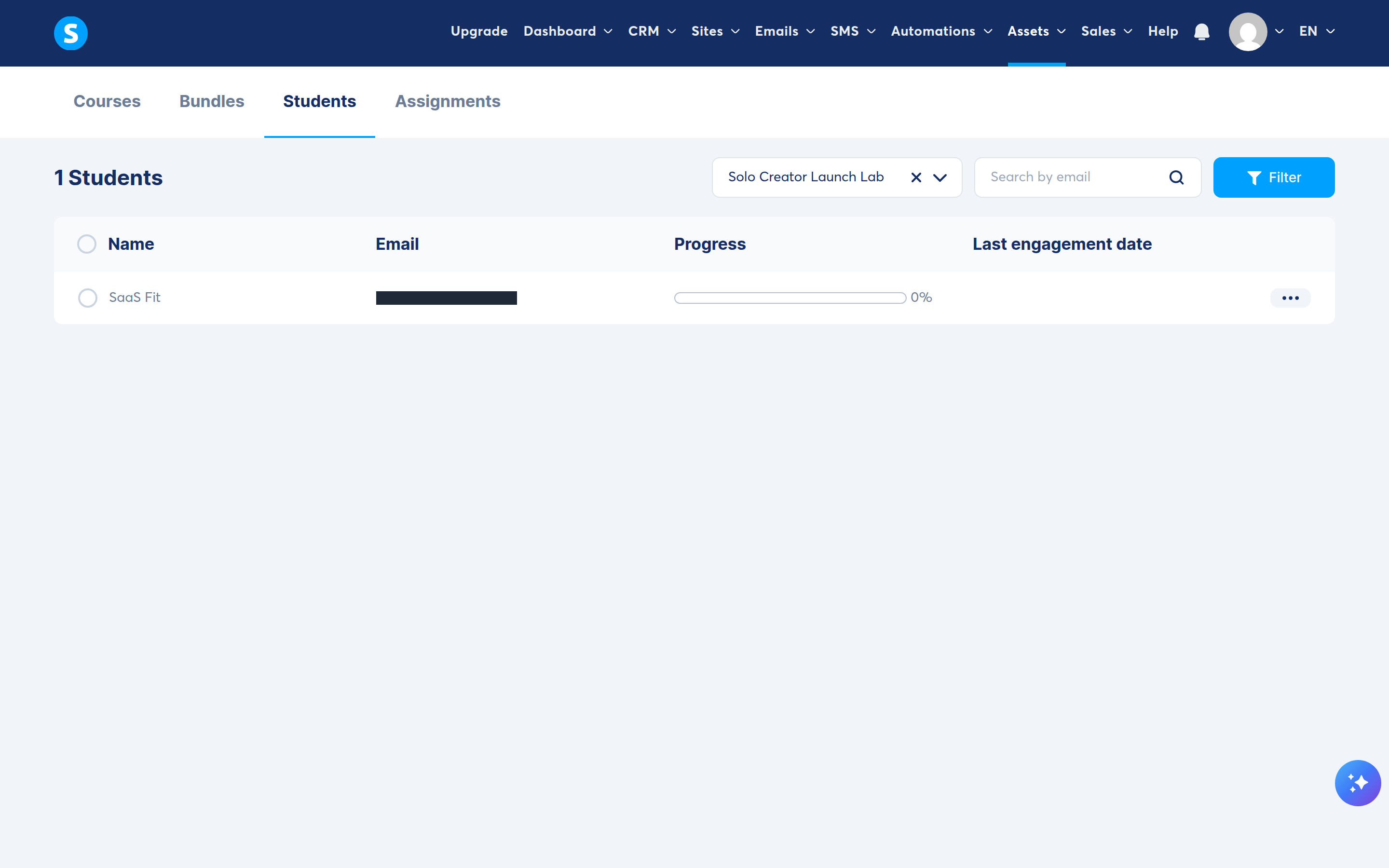 systeme.io course students screen showing one enrolled test student with the email address masked
