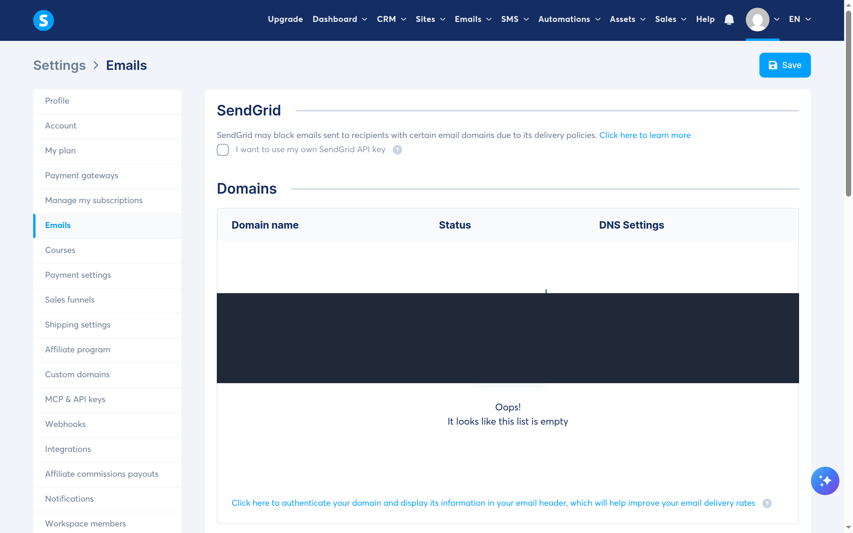 systeme.io email settings showing an empty authenticated-domains table with the verified-address section masked