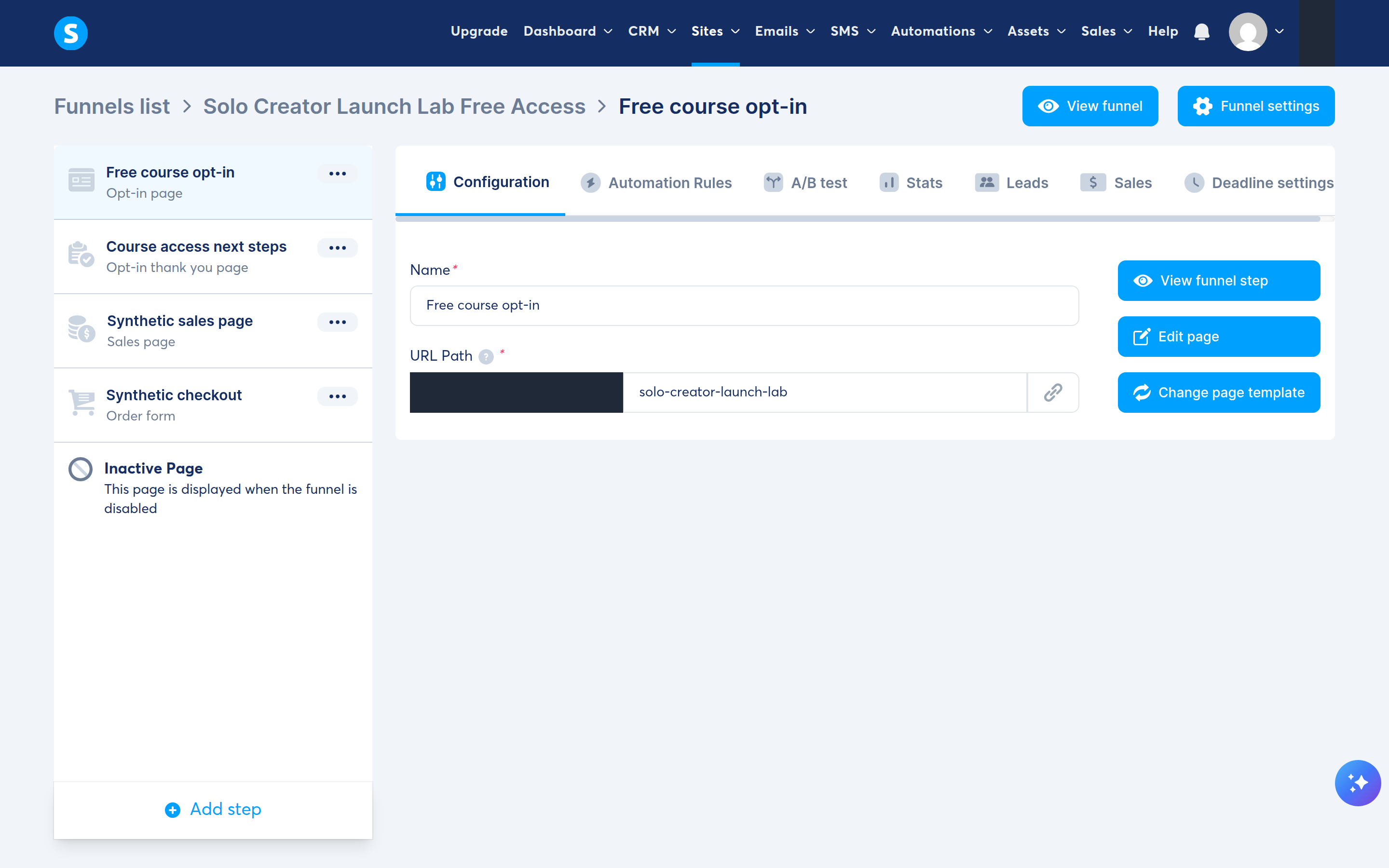 systeme.io funnel dashboard with opt-in, thank-you, sales-page, and order-form steps