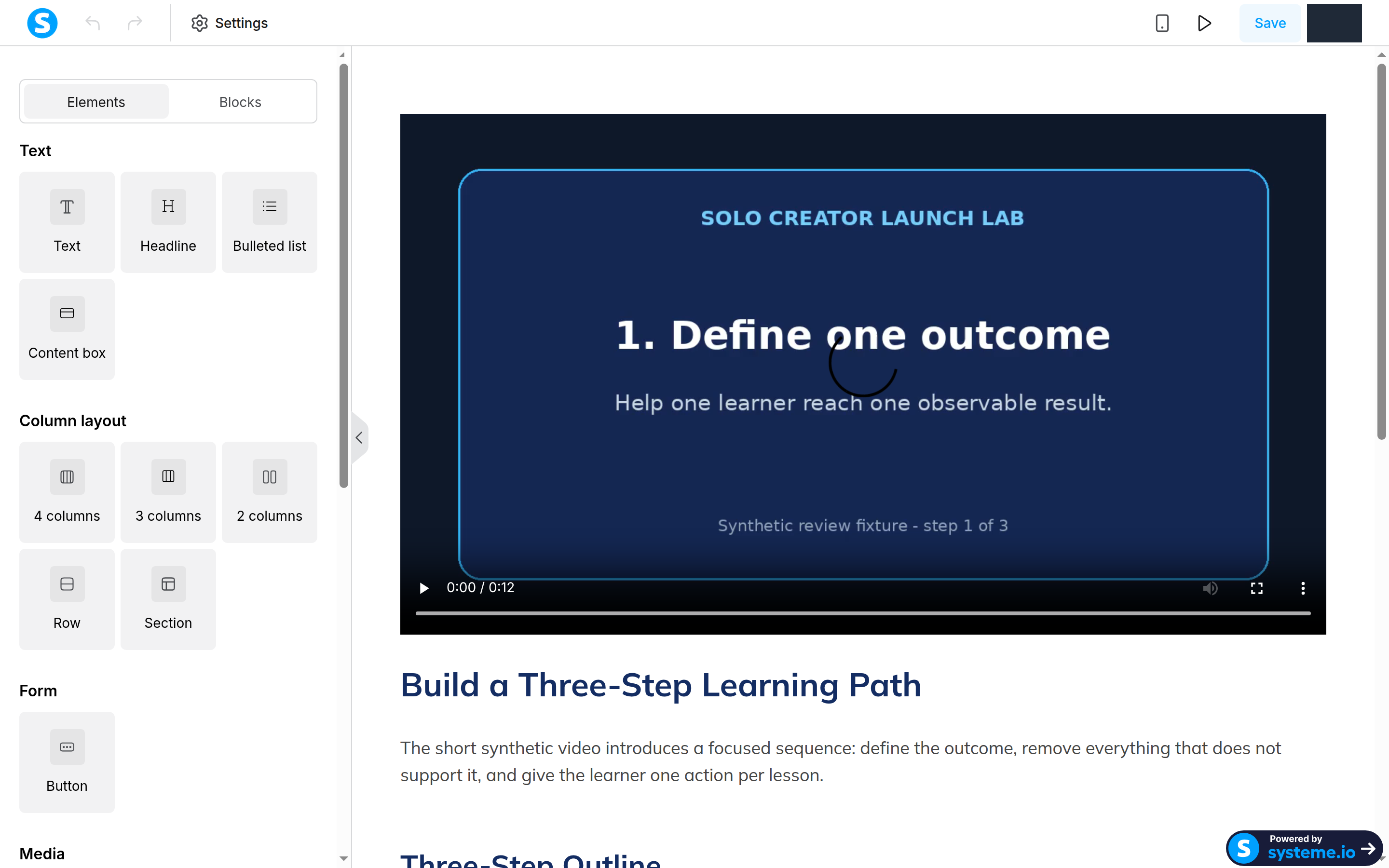 systeme.io lecture editor displaying a self-produced twelve-second course video