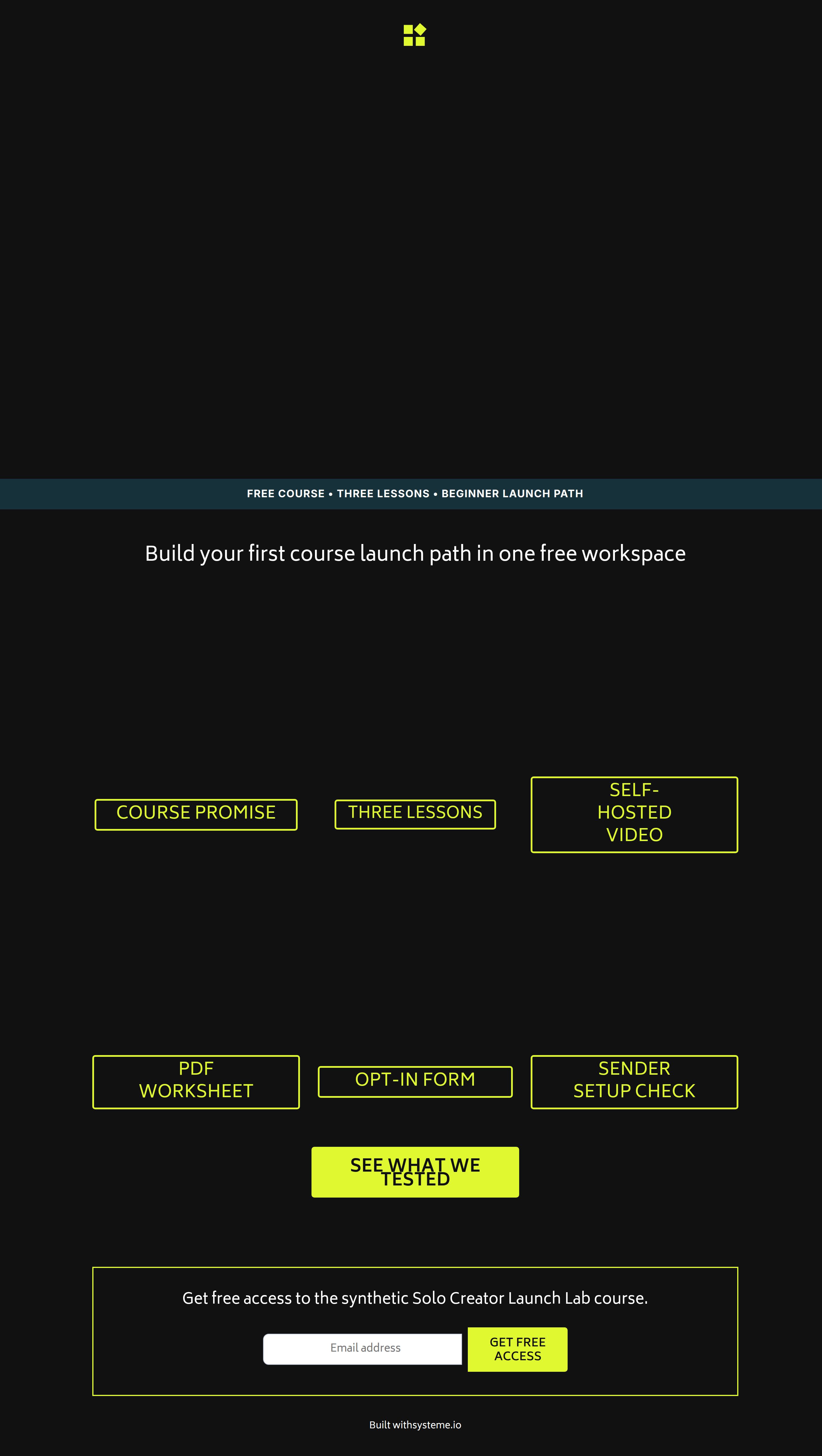 Published synthetic course opt-in page with feature labels, one email field, and one call-to-action button