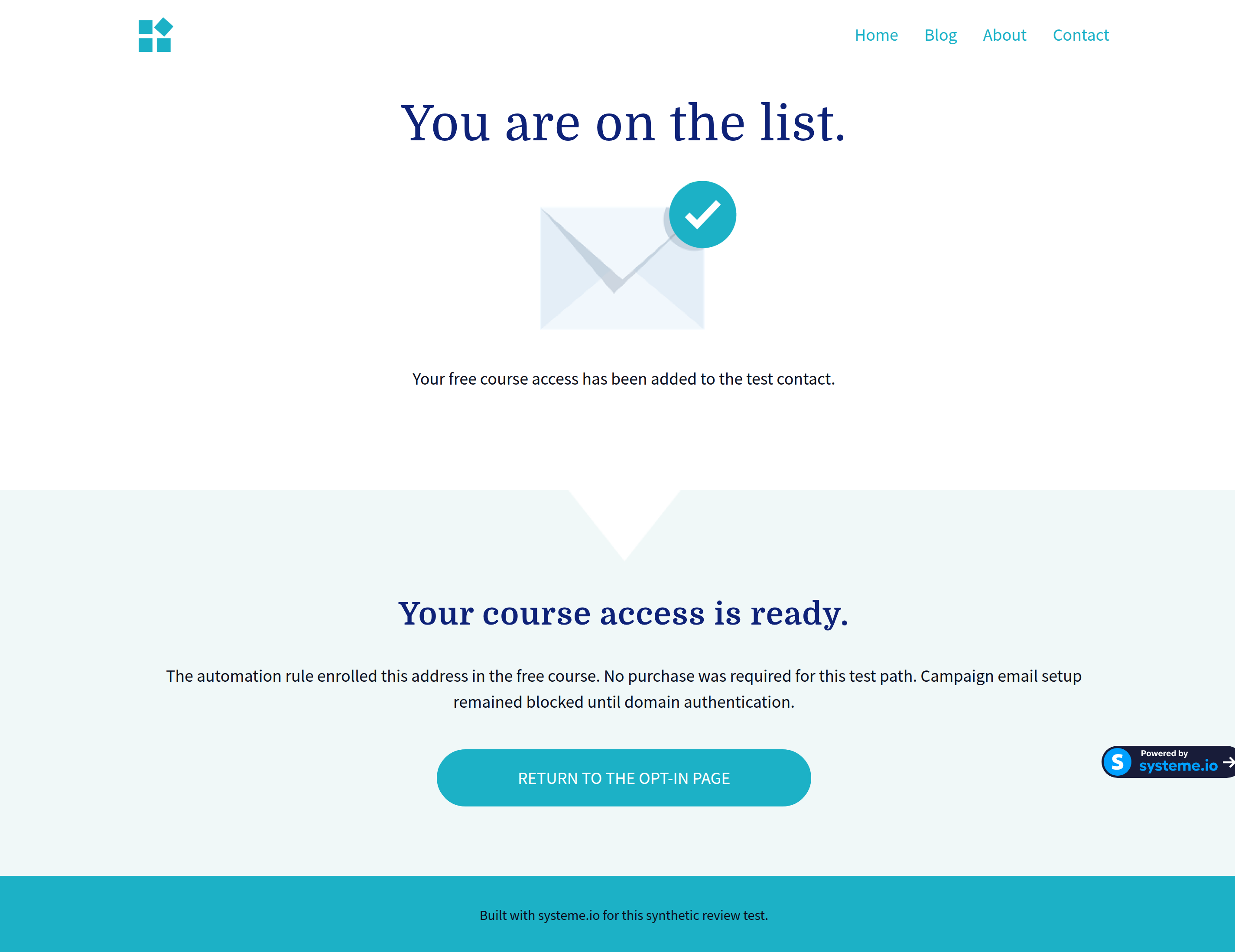 Synthetic systeme.io thank-you page confirming free-course access and explaining the email-domain blocker