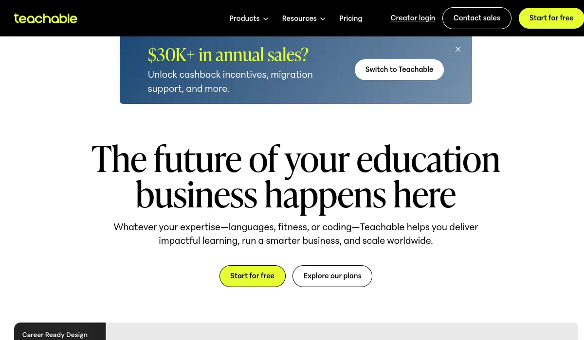 The Teachable official website homepage